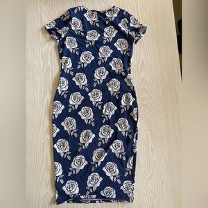 White and Blue Sheath Midi Dress with Flutter Cap Sleeves